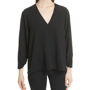 Tibi Black Shirred Sleeves A-Line V-Neck‎ Top Size 10 Work Career
